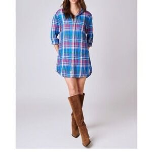Frank & Eileen Mary 100% Linen Plaid Shirt Dress Blue Pink Size Small